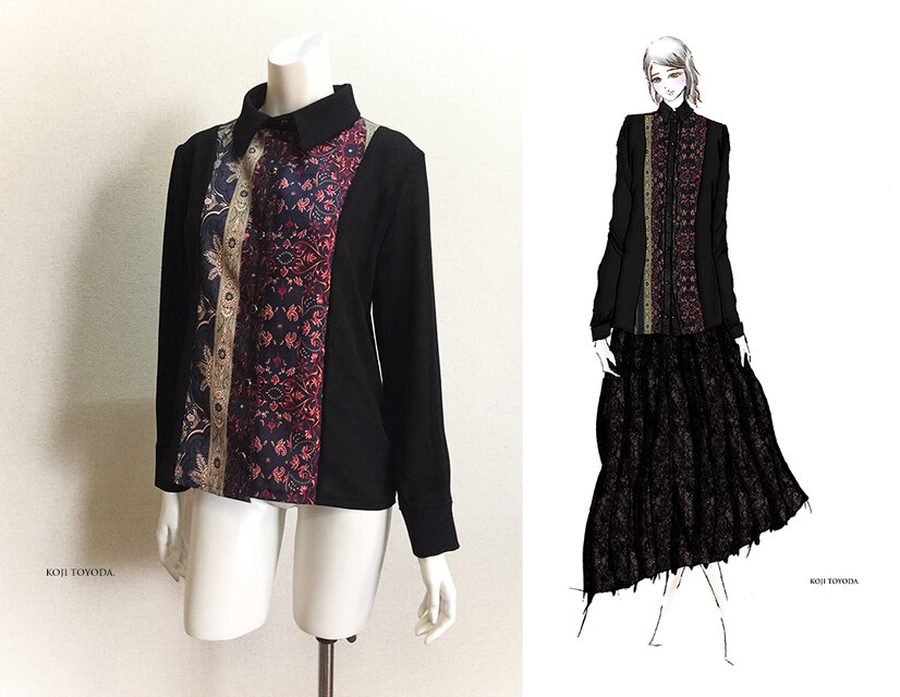 【1点もの・デザイン画付き】薄ちりめん＆綿麻柄生地切り替えブラウス（KOJI TOYODA）