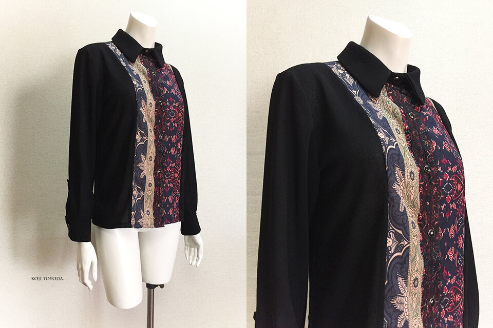 1点もの・デザイン画付き】薄ちりめん＆綿麻柄生地切り替えブラウス 