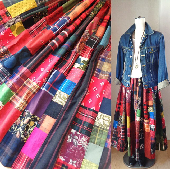 sold 絵画なパッチワーク♥大人のチェック＆フラワー♥ボリュームギャザースカート♥マキシ丈