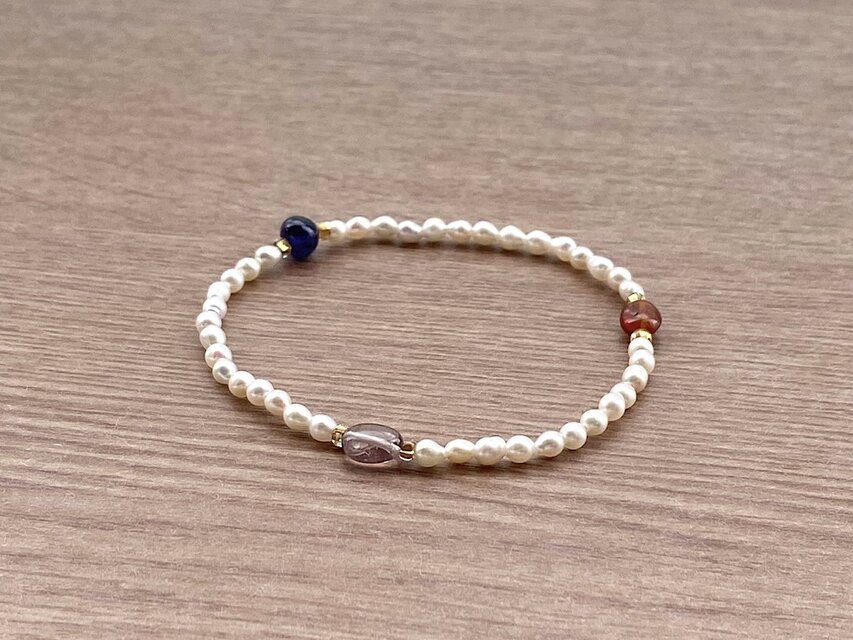 ビーズブレスレット No.132 ブルーサファイア トルマリン 天然石 パール ヴィンテージビーズ