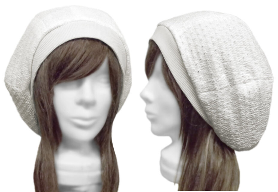 ゆったりルーズ・リブ付ベレー帽◆ふくれ織コットンレースニット／オフホワイト　◇小顔効果・オールシーズン着用◇