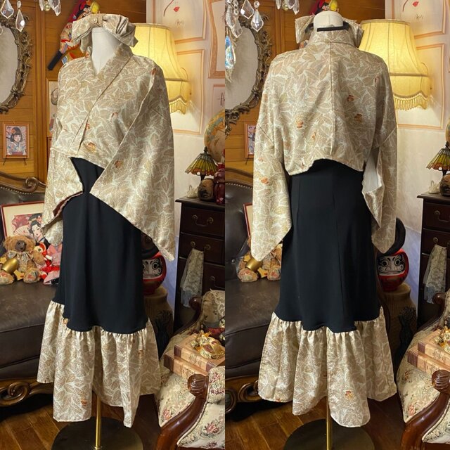 着物 ハンドメイド ワンピース パーティー ドレス 和洋折衷 コラージュ リメイク 切り替え 深緑×花唐草模様 O-83 着物 ハンドメイド ワンピース パーティー ドレス 和洋折衷 コラージュ