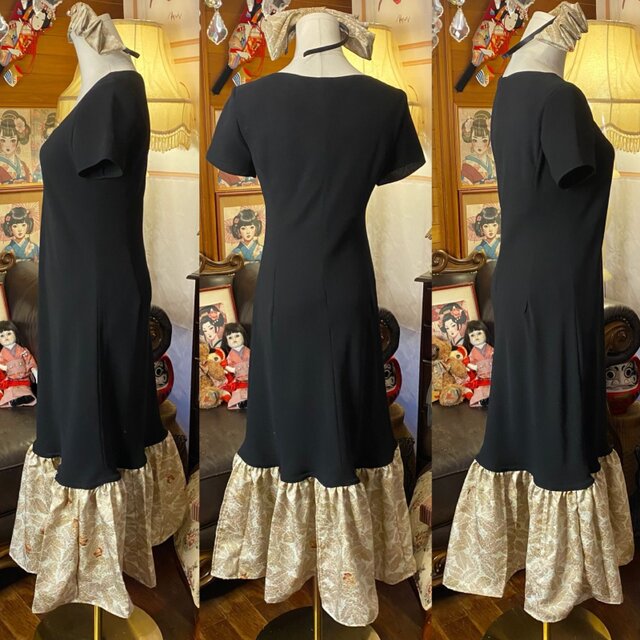 着物 ハンドメイド ワンピース パーティー ドレス 和洋折衷 コラージュ リメイク 切り替え 深緑×花唐草模様 O-83 着物 ワンピース パーティー ドレス 和洋折衷 コラージュ リメイク