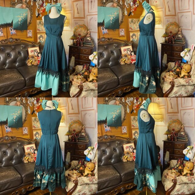 着物 ハンドメイド ワンピース パーティー ドレス 和洋折衷 コラージュ リメイク 切り替え 深緑×花唐草模様 O-83 着物 ハンドメイド ワンピース パーティー ドレス 和洋折衷 コラージュ