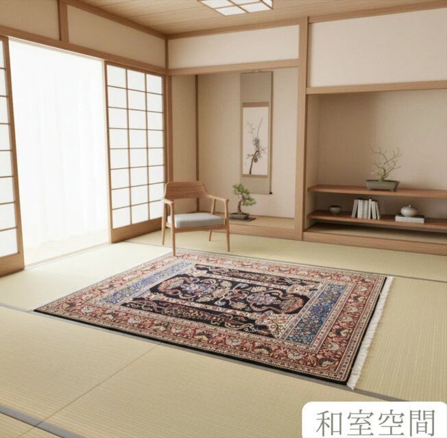 ペルシャ絨毯 カシャン産 220×140cm 黒色 糸杉柄 メフラブ 伝統工芸品