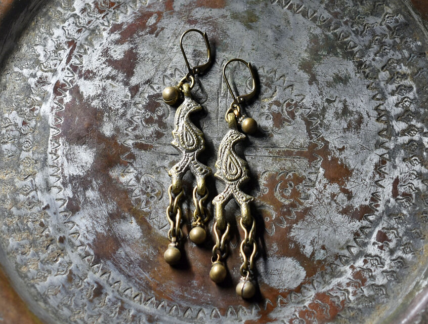 鳥型oldアフガンメタルパーツ、民族鈴のピアス