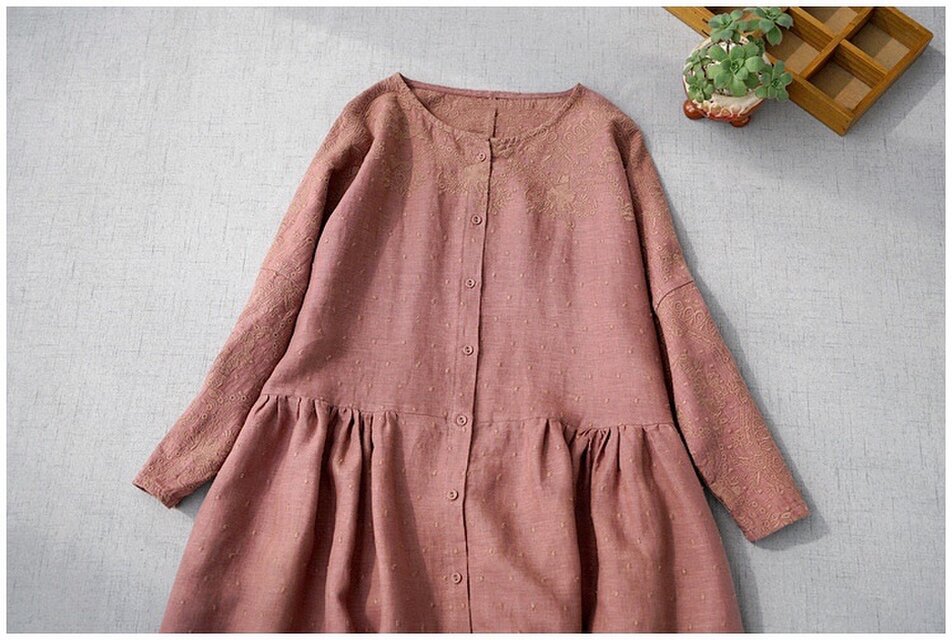 リネン100%ポケット付き総刺繍ゆったり着られる前開き大人可愛い春ワンピース♪