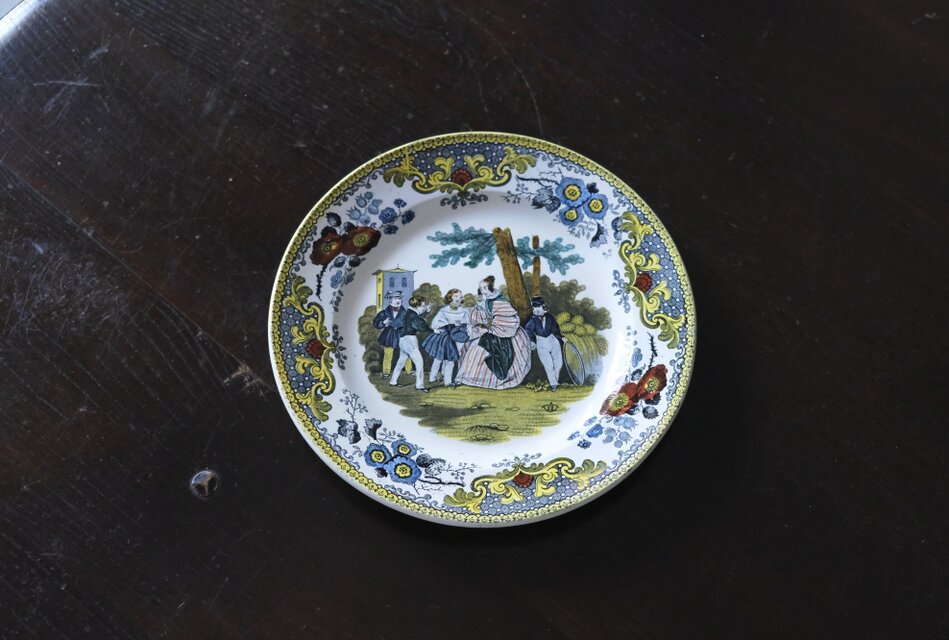 Creil クレイユ ファイアンスフィーヌ 手彩色 平皿 グリザイユ皿 φ20