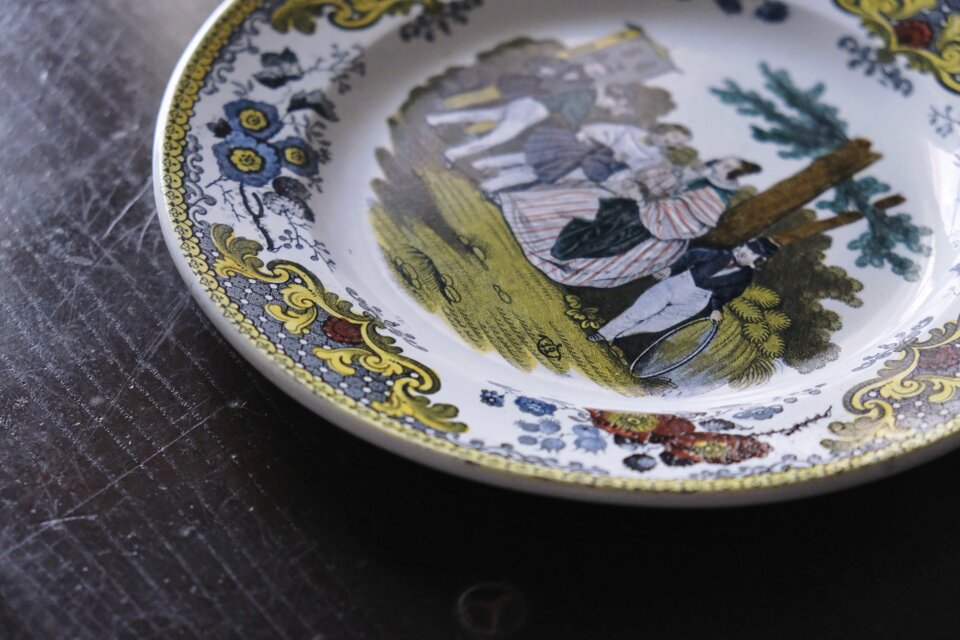 Creil クレイユ ファイアンスフィーヌ 手彩色 平皿 グリザイユ皿 φ20