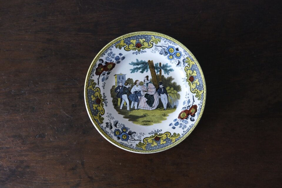 Creil クレイユ ファイアンスフィーヌ 手彩色 平皿 グリザイユ皿 φ20