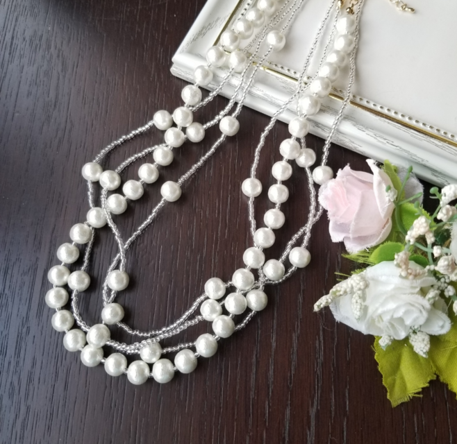 コットンパールとクリアビーズの4連風ネックレス/8mmパール  フォーマル