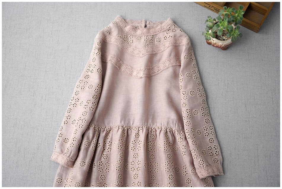 リネン100%スカラップ刺繡大人可愛い長袖ワンピース♪