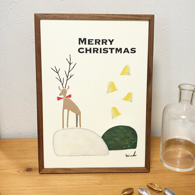 【クリスマスポスター】【クリスマス】絵本みたいな石の上のトナカイのポスター☆＊A4