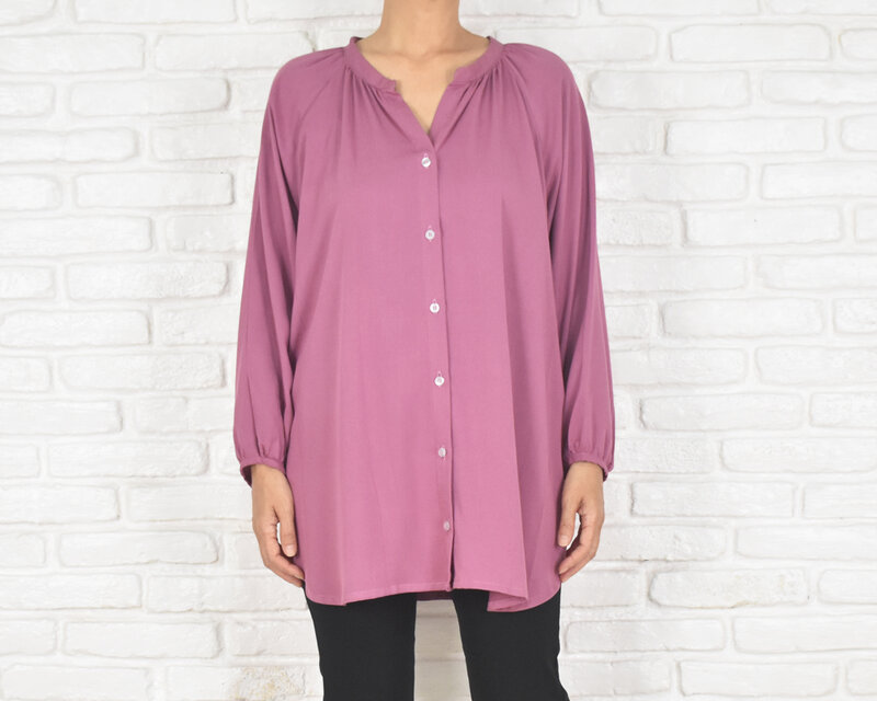 秋色ピンクパープル 長袖スキッパーボタンシャツ