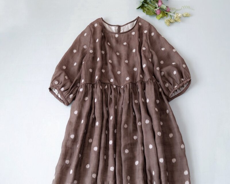 ポケット付きドット刺繍ゆったり着られる大人可愛い七部袖ワンピース♪