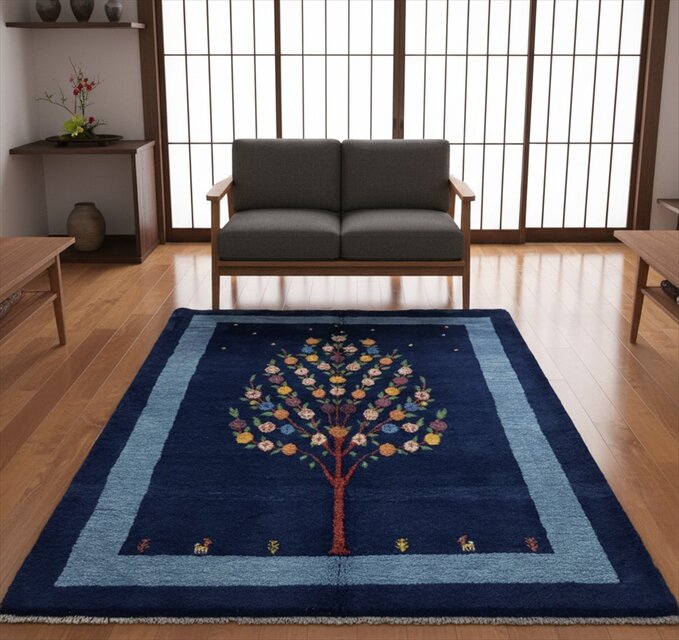 ペルシャ ギャッベ リビングサイズ ラグ 173x125㎝ ザクロの木 青色