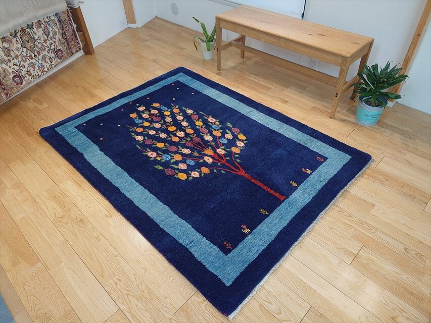 ペルシャ ギャッベ リビングサイズ ラグ 173x125㎝ ザクロの木 青色