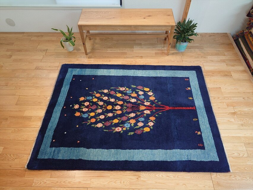 ペルシャ ギャッベ リビングサイズ ラグ 173x125㎝ ザクロの木 青色