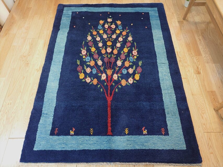 ペルシャ ギャッベ リビングサイズ ラグ 173x125㎝ ザクロの木 青色