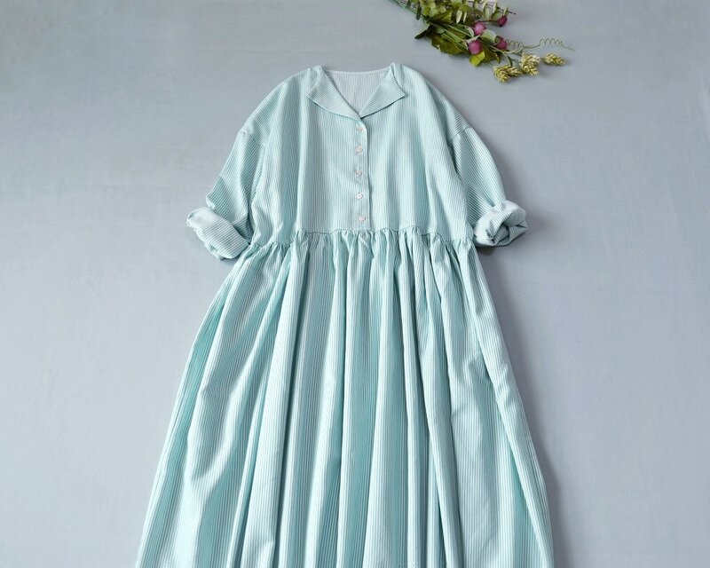 コットン100%ストライプシンプルな大人可愛い長袖ワンピース♪