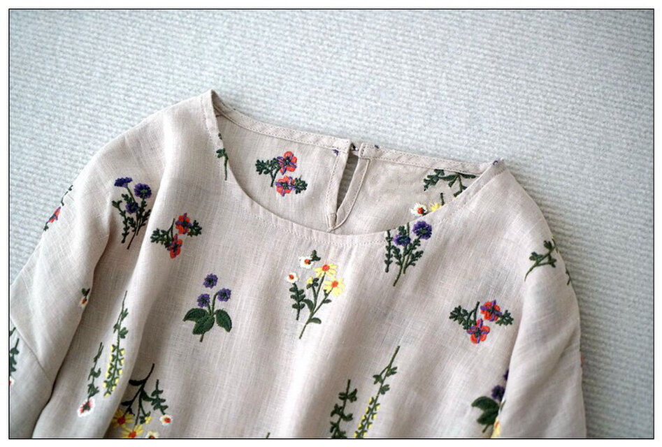 リネン100％花総刺繡ポケット付シンプルな大人可愛い七分袖ワンピース