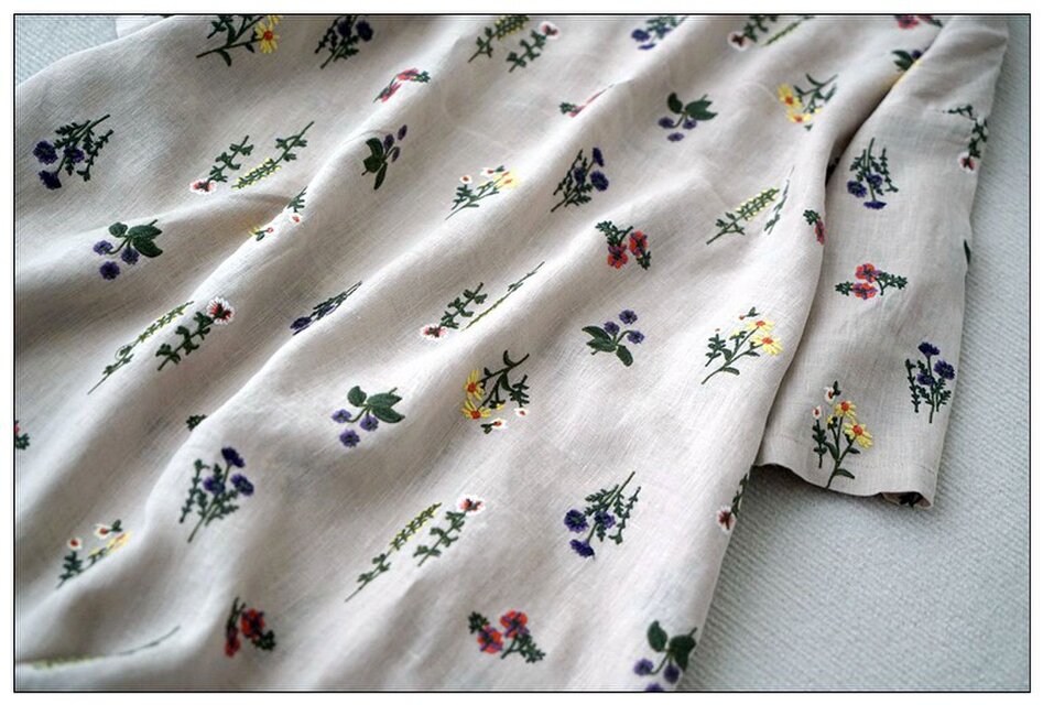 リネン100％花総刺繡ポケット付シンプルな大人可愛い七分袖ワンピース