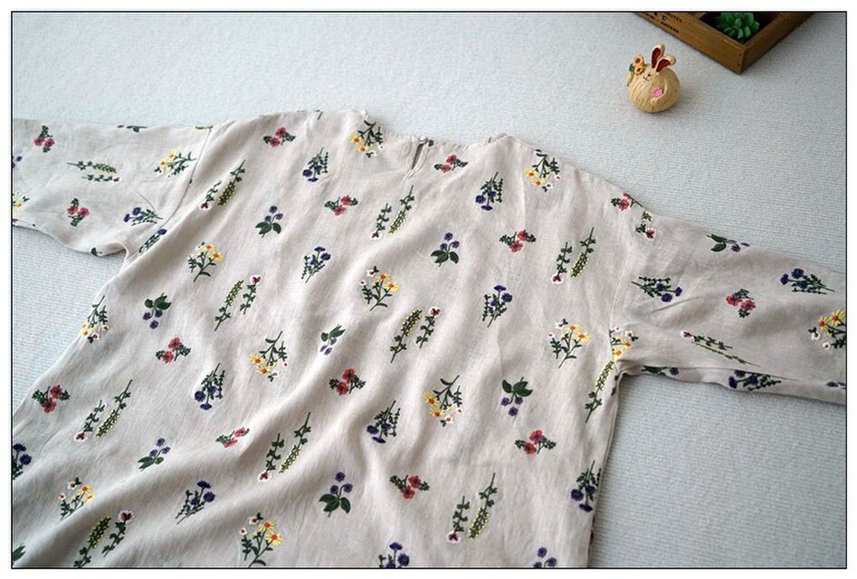 リネン100％花総刺繡ポケット付シンプルな大人可愛い七分袖ワンピース