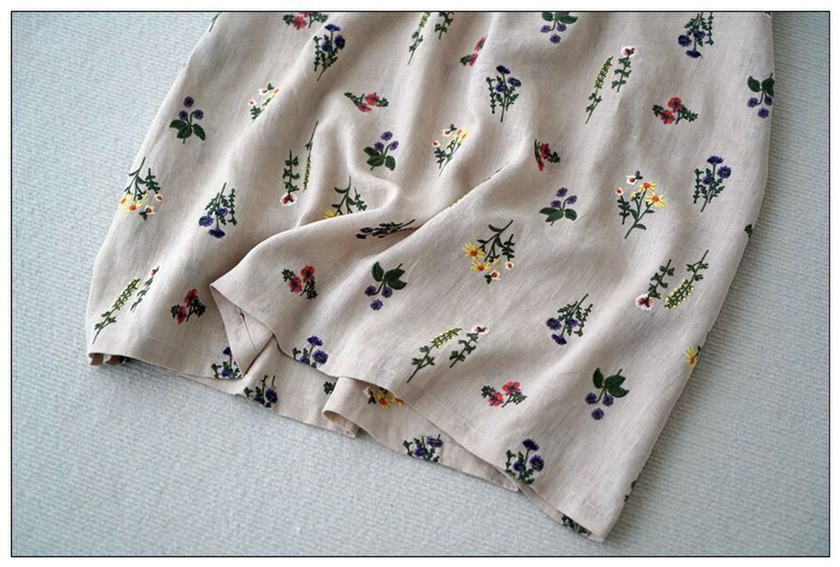 リネン100％花総刺繡ポケット付シンプルな大人可愛い七分袖ワンピース