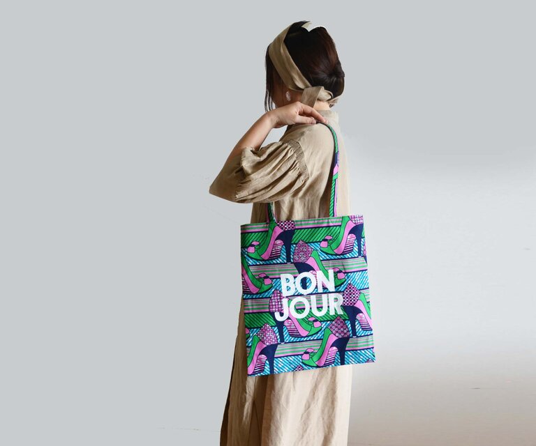 アフリカンバティック トートバッグ 『BON JOUR』 オーナメント柄