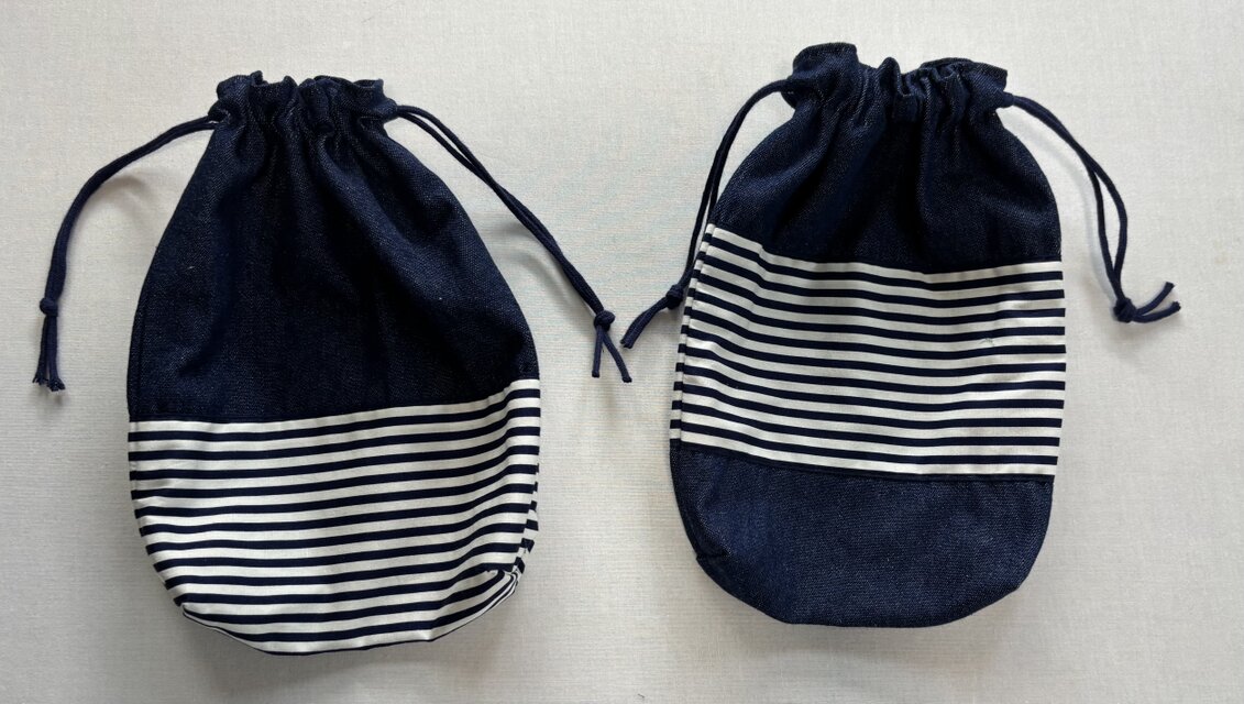 巾着袋【紺デニム×紺白ボーダー】2点セット