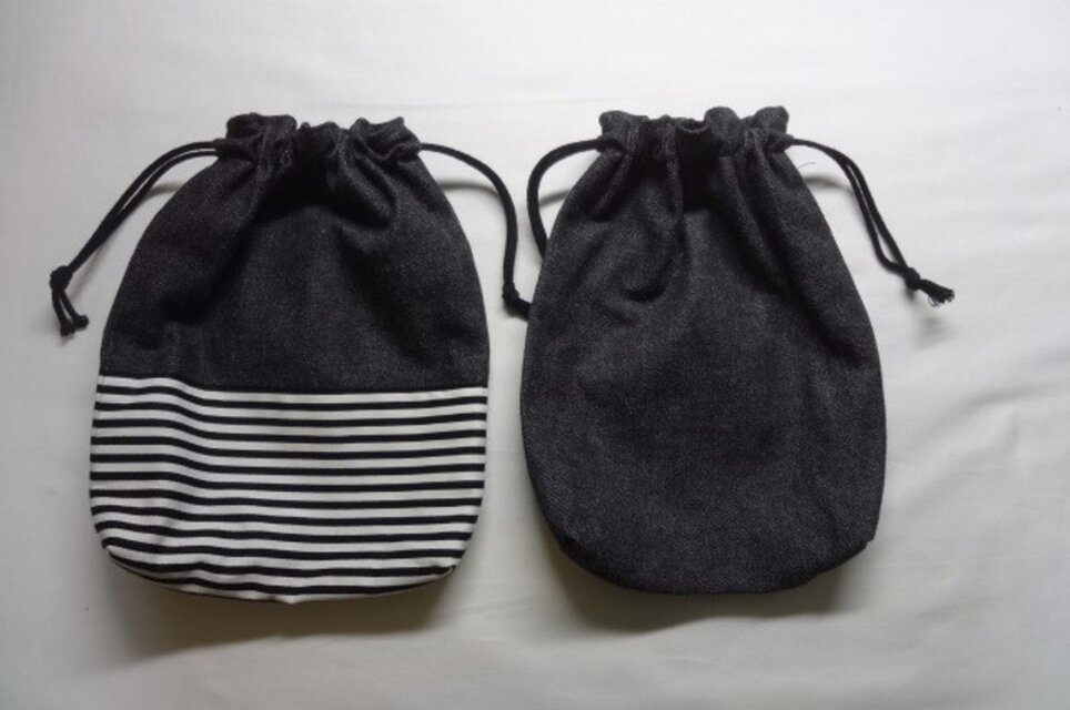 巾着袋【黒デニム・無地＋黒デニム×黒白ボーダー】2点セット