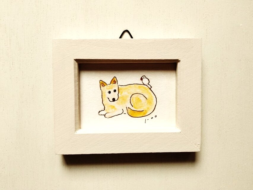 犬イラスト「仲良し」ミニ原画 ペン画 小さな絵 ※木製額縁入り | iichi