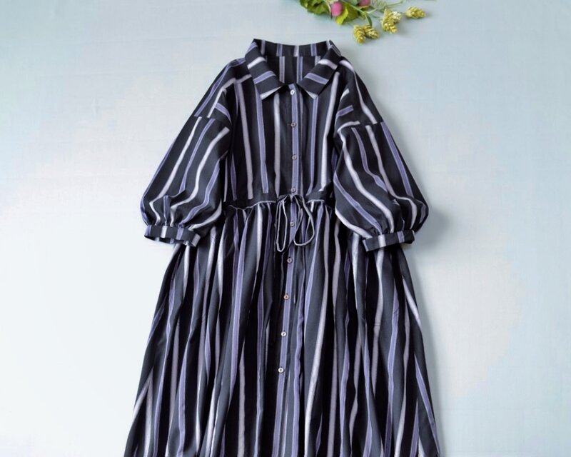 コットン100％ポケット付きストライプ紐でギャザー寄せ大人可愛い七分袖ロングワンピース♪