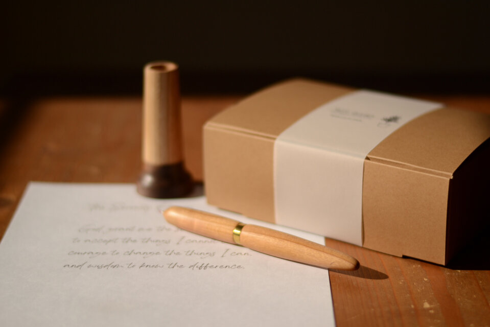 名入れ可/手作り木軸ボールペン+真鍮リング ペン立て付/プレゼント #0237