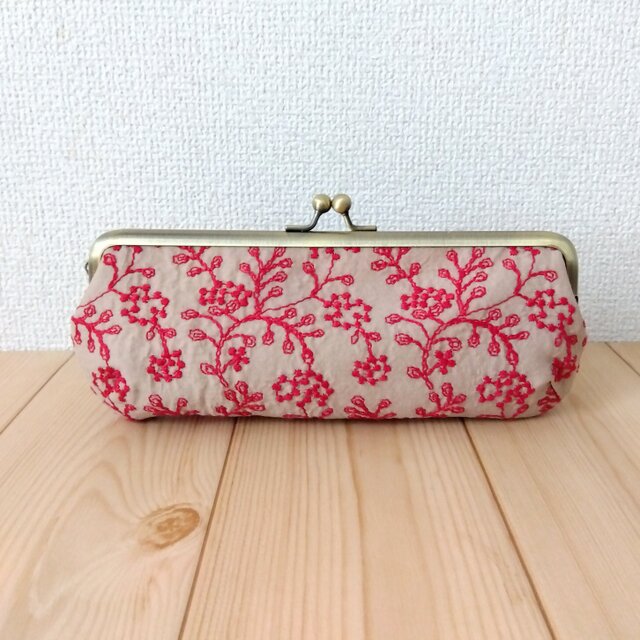花柄刺繍　がま口ペンケース　19.5cm口金　エンジ　396