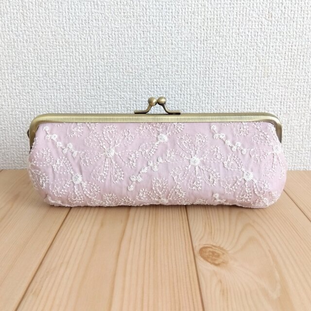 花柄刺繍　がま口ペンケース　19.5cm口金　ピンク　398