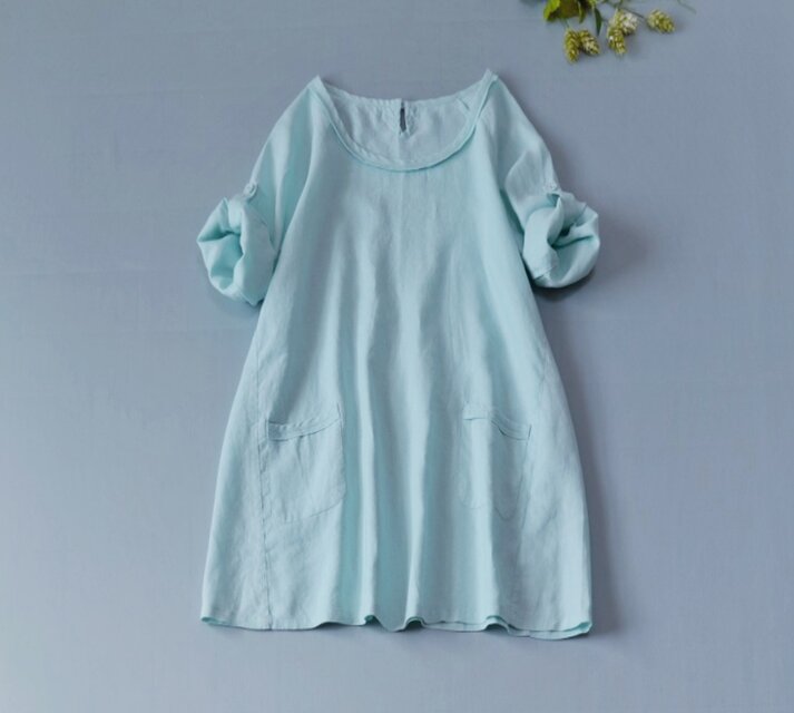 リネン100%ポケット付きシンプルな大人可愛い2way七分袖チュニック♪