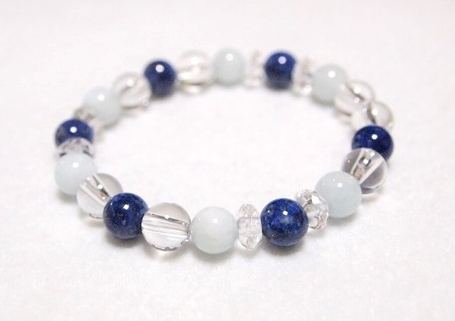 8mm丸玉* 幸運をもたらしストレスを和らげる ラピスラズリ・アクアマリン・水晶のブレスレット　腕輪