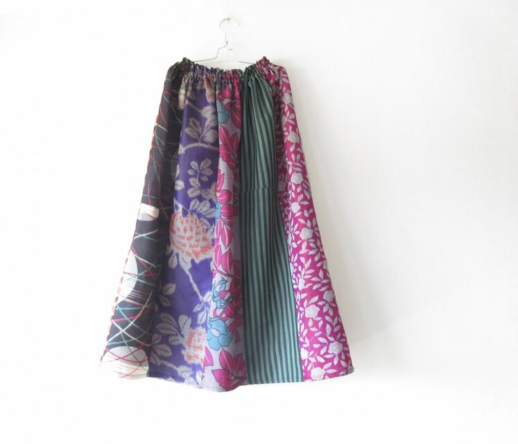 ☆銘仙着物ロングスカート☆パッチワーク♪/31ks049
