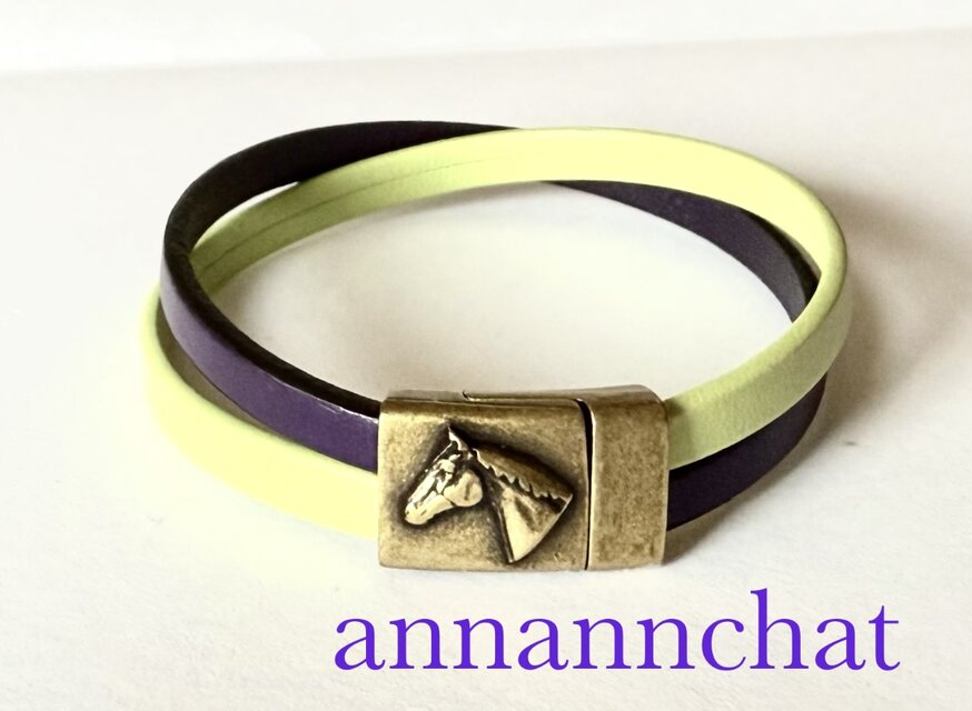 【ヨーロッパ製　本革　ピスタチオ・ダークパープル（紫）2色　ブレスレット】幅　５ｍｍ　マグネット留め　　幅広