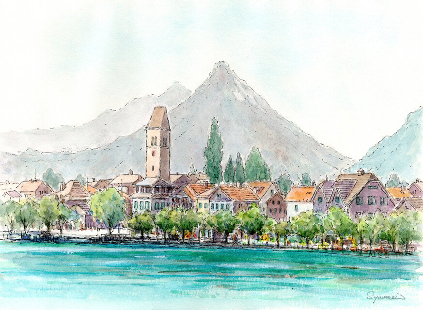 水彩画原画 夏のインターラーケン旧市街・スイス ＃694 | iichi