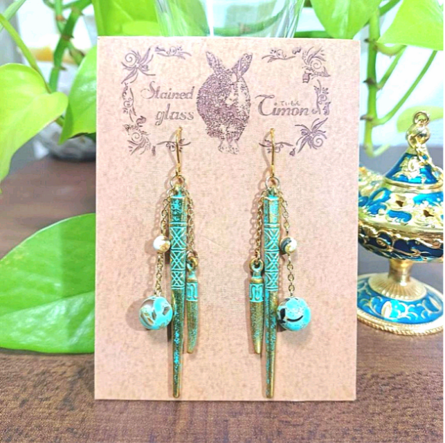 エジプト☪︎刀剣 W(ダブル)スティックチェーンピアス 豪華シェル入りターコイズ✧* 青銅カラー No.1635