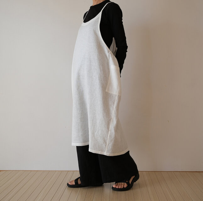 受注製作 リネン サイドギャザーエプロンワンピース オフホワイト