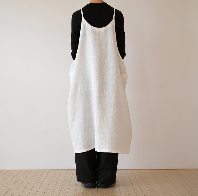 受注製作 リネン サイドギャザーエプロンワンピース オフホワイト