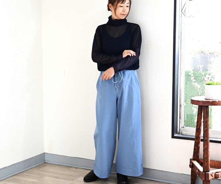 コットンストレッチワイドパンツ：スカイブルー：選べるパンツ丈