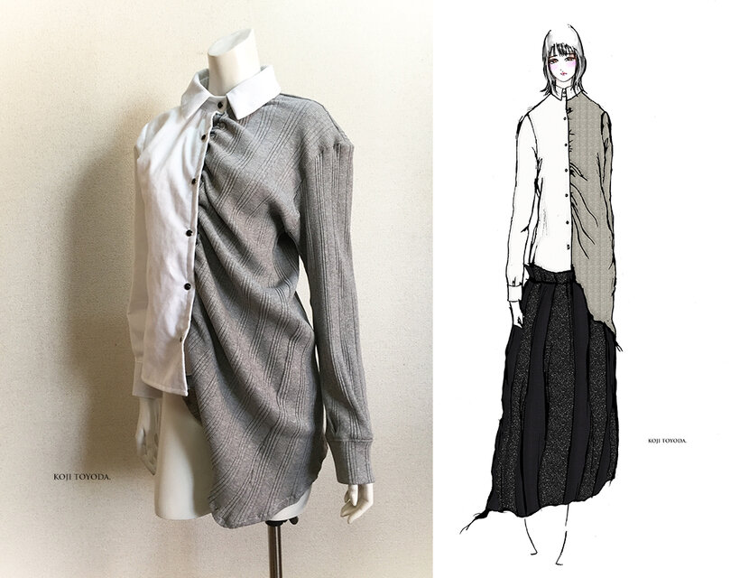 【1点もの・デザイン画付き】2種素材シャーリングアシメトリーブラウス（KOJI TOYODA）