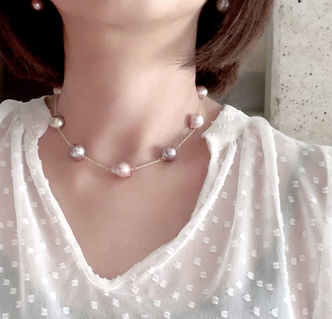 淡水パール ネックレス オイスターバロック ビワ 虹色 ケシ 14KGF 