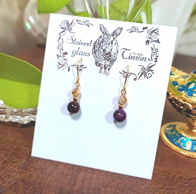 天然石ジャスパー系(パープル)♡シェルピアス No.1648‪