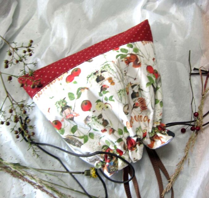 ドイツ生地　　秋の実り　りんご　小人　森の動物たち　りす　梟　カタツムリ　巾着ポーチ　巾着バッグ　マッシュルーム