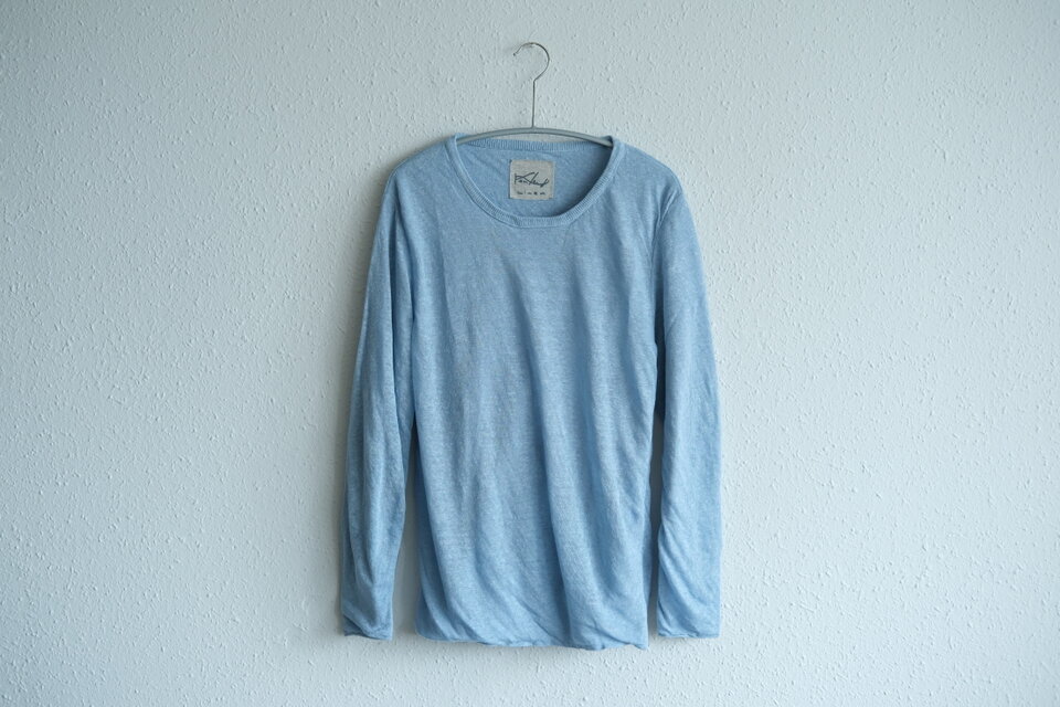 リネンニット women/L 二重長袖プルオーバー（アクアブルー）